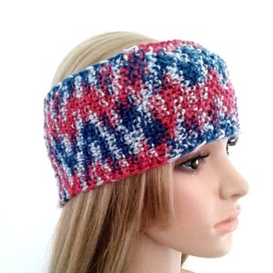 Bandeau cheveux turban tricot fait main multicolore bleu rose blanc, Serre tête, Accessoire coiffure femme, Cadeau anniversaire fête maman image 2