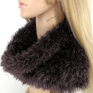 Handmade knitted tube scarf in brown faux fur look for women, infinity scarf, winter neck warmer, Christmas gift girl teenager