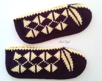 Hand-Knit Acrylic Slipper Socks, Purple Ecru Floral, Women's Winter Wear