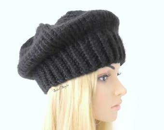 Women's black beanie knit handmade winter hat, Newsboy cap beret, Headwear Toque Head warmer, birthday present for her, Mother's Day gift