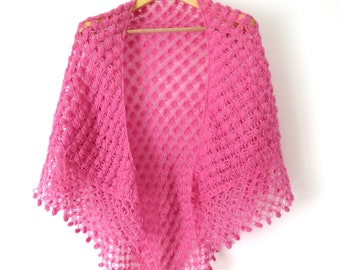 Handmade crochet fringed triangle Shawl Pink, Women evening Stole Cape, Wedding accessories, Shoulder cover up warmer, Mothers day gift