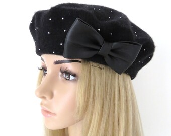 Women's Beret Black wool rhinestones faux leather bow, French beret fashion parisian beanie cap, winter hat head cover, Mothers day gift