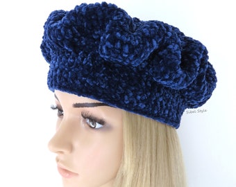 Crochet beanie. Handmade Newsboy cap. Head gear  cover. Toque hat. Women winter hat. Wool chenille velvet midnight blue. Mothers day gift