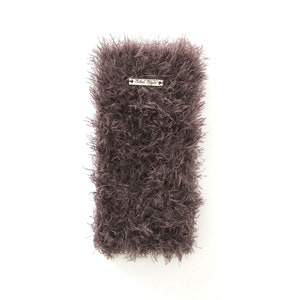 Etui porte cartes de crédit, Portefeuille pliable femme, Pochette tricot fait main fausse fourrure peluche marron, Cadeau anniversaire