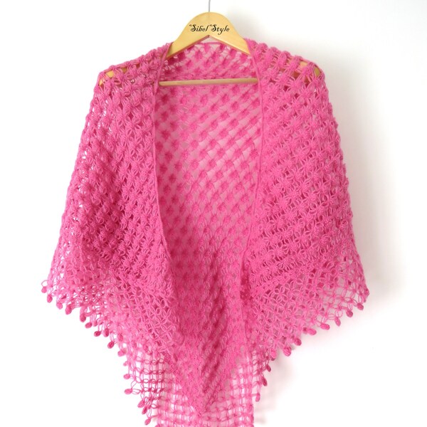 Handmade crochet fringed triangle Shawl Pink, Women evening Stole Cape, Wedding accessories, Shoulder cover up warmer, Mothers day gift