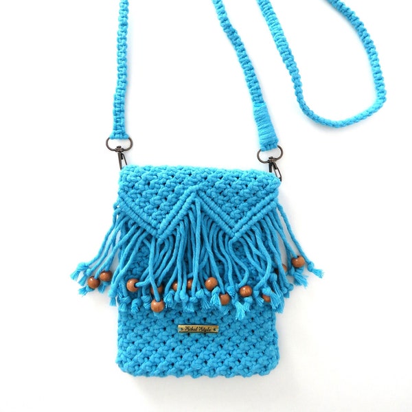 Sac bandoulière macramé fait main coton bleu turquoise, Sac à main femme bohème fille, Pochette téléphone portable, Cadeau fête des mères