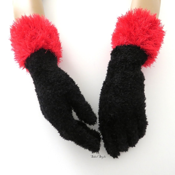 Gants noir et rouge tricot femme, Manchettes fait main aspect fausse fourrure fantaisie souple, Cadeau fête des mères