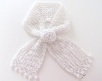 Handmade knitted scarf with a crochet flower for women Scarf off-white, necklace scarf, Mother's day gift