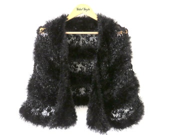 Crochet Shawl Black Faux Fur, Hand Knitted Stole, Winter Wedding Cape Handmade Women, Shoulder Wrap Warmer