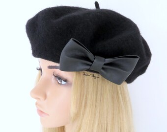 Béret feutre laine noir femme, Chapeau noeud papillon faux cuir basque hiver, Couvre chef chic, Toque Tuque Calot, Cadeau fête des mères