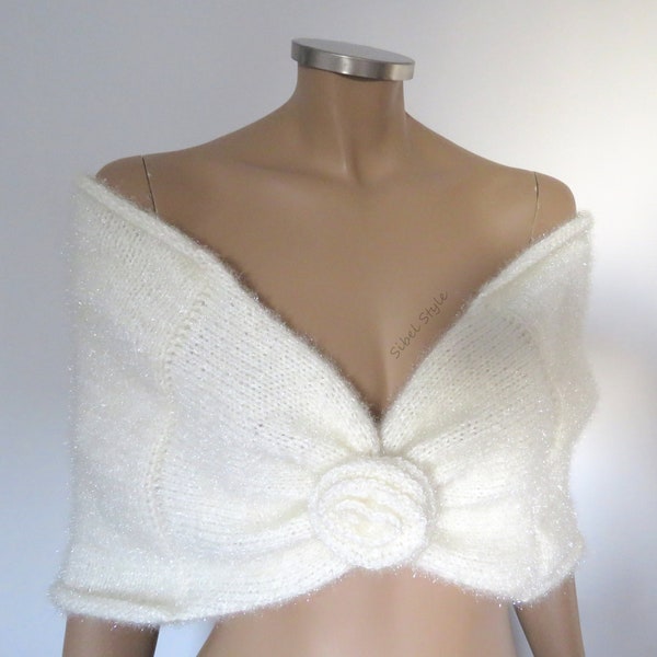 Etole de mariée tricot fait main blanc cassé ivoire, Cape nuptiale, Châle femme mariage, Couvre chauffe cache épaules, cérémonie hiver