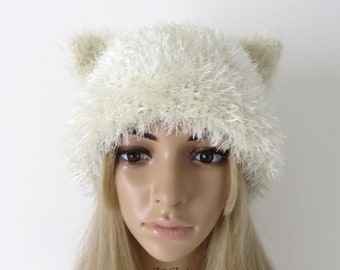 Knit Beanie Cat Ear Faux Fur Cream Off-White Women Handmade Winter Hat, Crochet Head Warmer, Hood Kitty Cap, Christmas gift for her