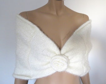 Etole de mariée tricot fait main blanc cassé ivoire, Cape nuptiale, Châle femme mariage, Couvre chauffe cache épaules, cérémonie hiver