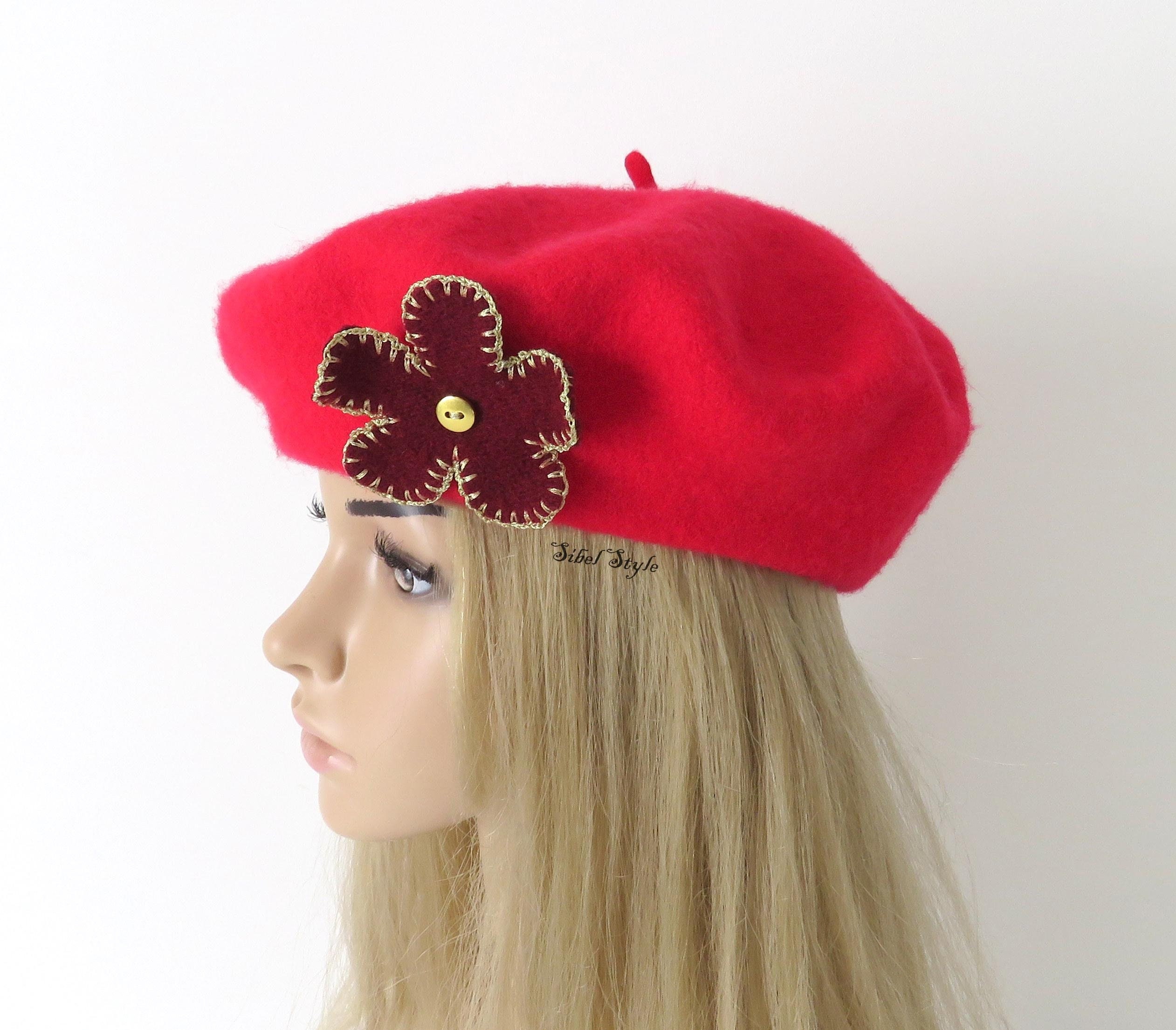 Red Wool Beret Hat With Handmade Flower, French Basque Style Headwear ...