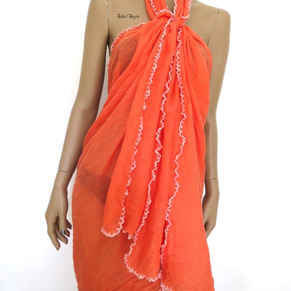 Paréo de plage coton orange, Sarong femme écharpe, Accessoire Tenues plage, Cache maillot de bain, Couvre bikini, Cadeau fête des mères