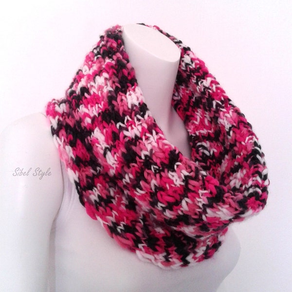 Echarpe tube femme tricot fait main multicolore rose blanc noir, Snood hiver, Chauffe Tour de cou, Cache col, Cadeau fête des mères