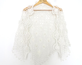 Crochet Triangle Shawl White Floral Lace Handmade Bridal Stole, Shimmering Cape, Shoulder Warmer,  Rustic Wedding Winter Bride Gift for her