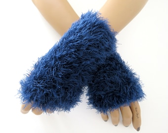 Mitaines tricot fait main fausse fourrure bleu foncé nuit indigo femme, Gants sans doigts hiver Chauffe main poignets, Cadeau fête des mères