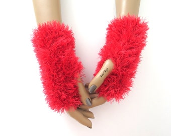 Mittens Handmade knit faux fur red, Women's  Fingerless gloves, Hand warmers, Plush mitts, Sleeve extenders, Mothers day gift Birthday