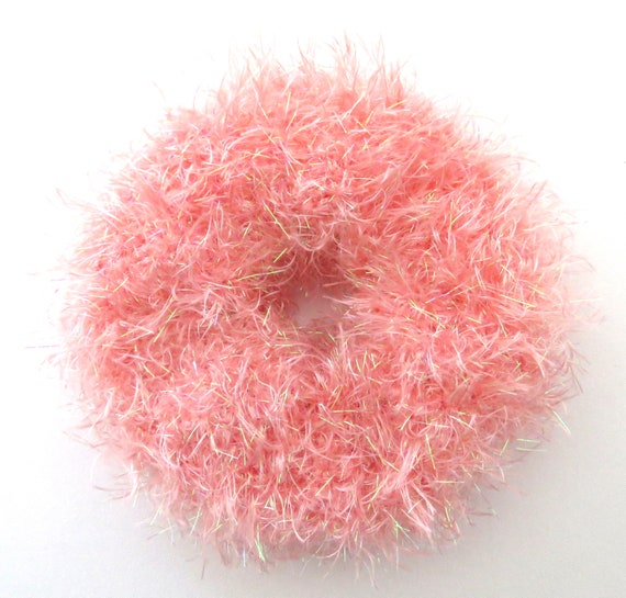 Scrunchie Knit Faux Fur Handmade Salmon Pink, Women Hair Accessory, Large Elastic Hairties, Ponytail Holder