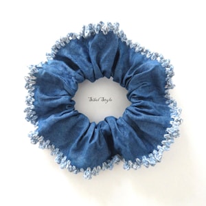 Denim Scrunchie Handmade Blue women, Crocheted denim chambray fabric hair elastic, Bun Ponytail Holder, Christmas stocking stuffers gift