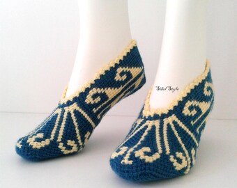 Hand Knitted Blue Ballerina Slipper Socks – Cozy Ankle House Shoes, Acrylic Knit