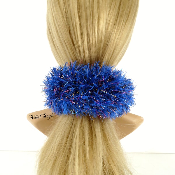 Chouchou tricot fait main fausse fourrure peluche bleu indigo femme, Élastique Attache cheveux chignon, Accessoire de coiffure, Cadeau fille