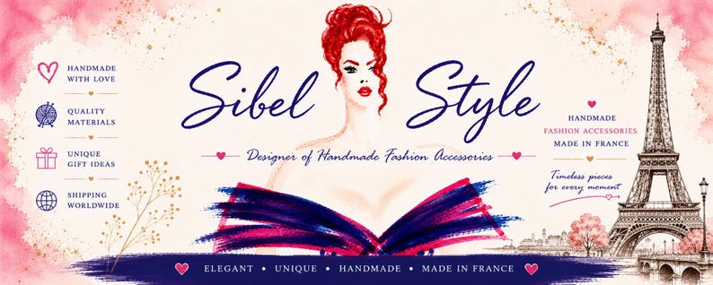 Puede incluir: Un banner con el texto Sibel Style, una ilustraci&oacute;n de una persona con cabello rojo y la Torre Eiffel. El dise&ntilde;o incluye acentos de acuarela rosa, corazones y texto que enumera accesorios de moda hechos a mano en Francia.