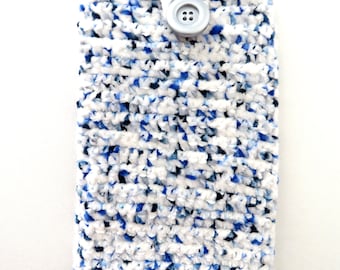 Housse téléphone portable crochet fait main velours blanc bleu, Pochette smartphone, Etui mobile cellulaire, Cadeau anniversaire femme fille