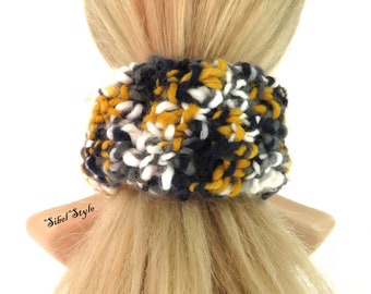 Chouchou élastique cheveux tricot fait main multicolore noir jaune moutarde miel ocre blanc, attache chignon coiffure femme, cadeau fille