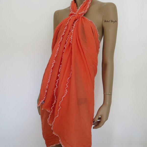 Paréo de plage coton orange, Sarong femme écharpe, Accessoire Tenues plage, Cache maillot de bain, Couvre bikini, Cadeau fête des mères