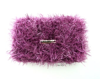 Purse faux fur wallet women, Bag Knit Flap Pouch Purple Pink, Handmade Plush Bag Coin Clutch, Card Holder, Mothers day Gift for her