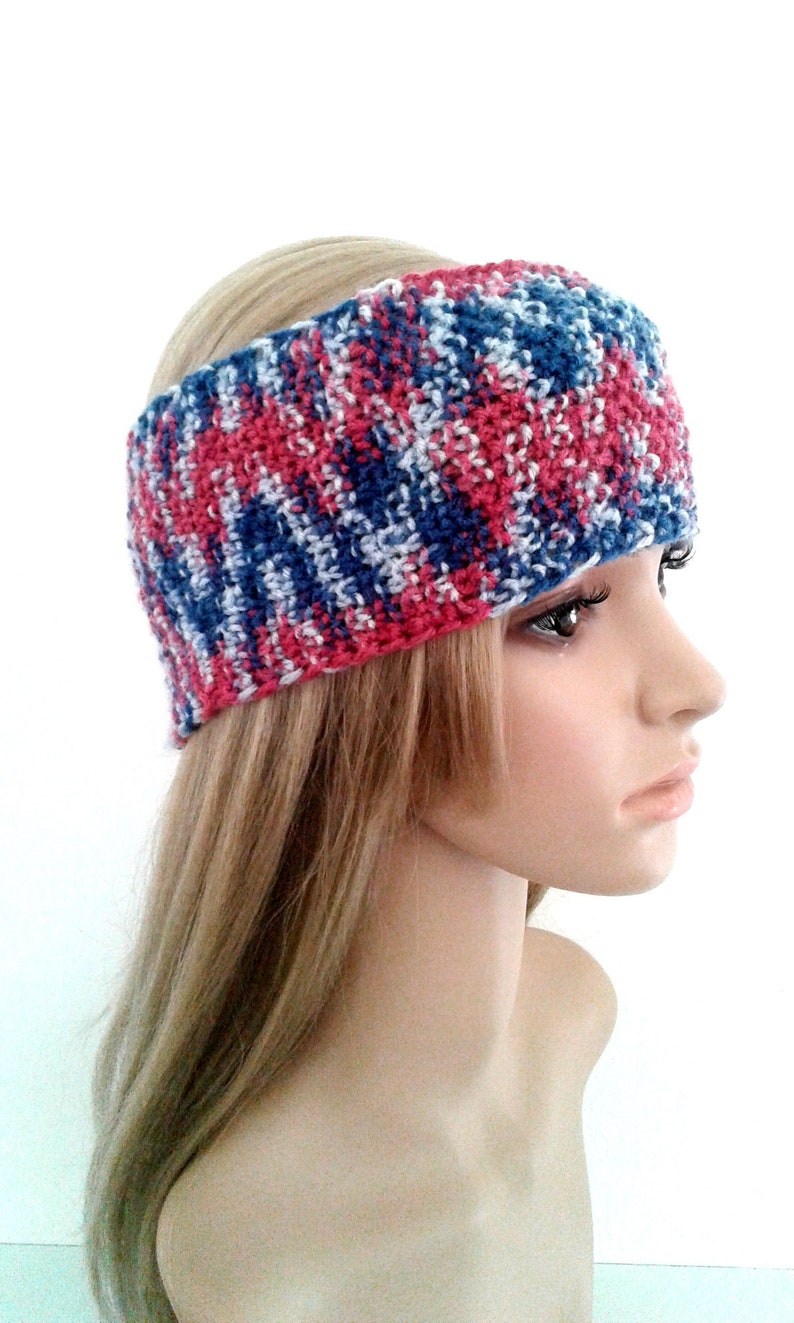 Bandeau cheveux turban tricot fait main multicolore bleu rose blanc, Serre tête, Accessoire coiffure femme, Cadeau anniversaire fête maman image 2