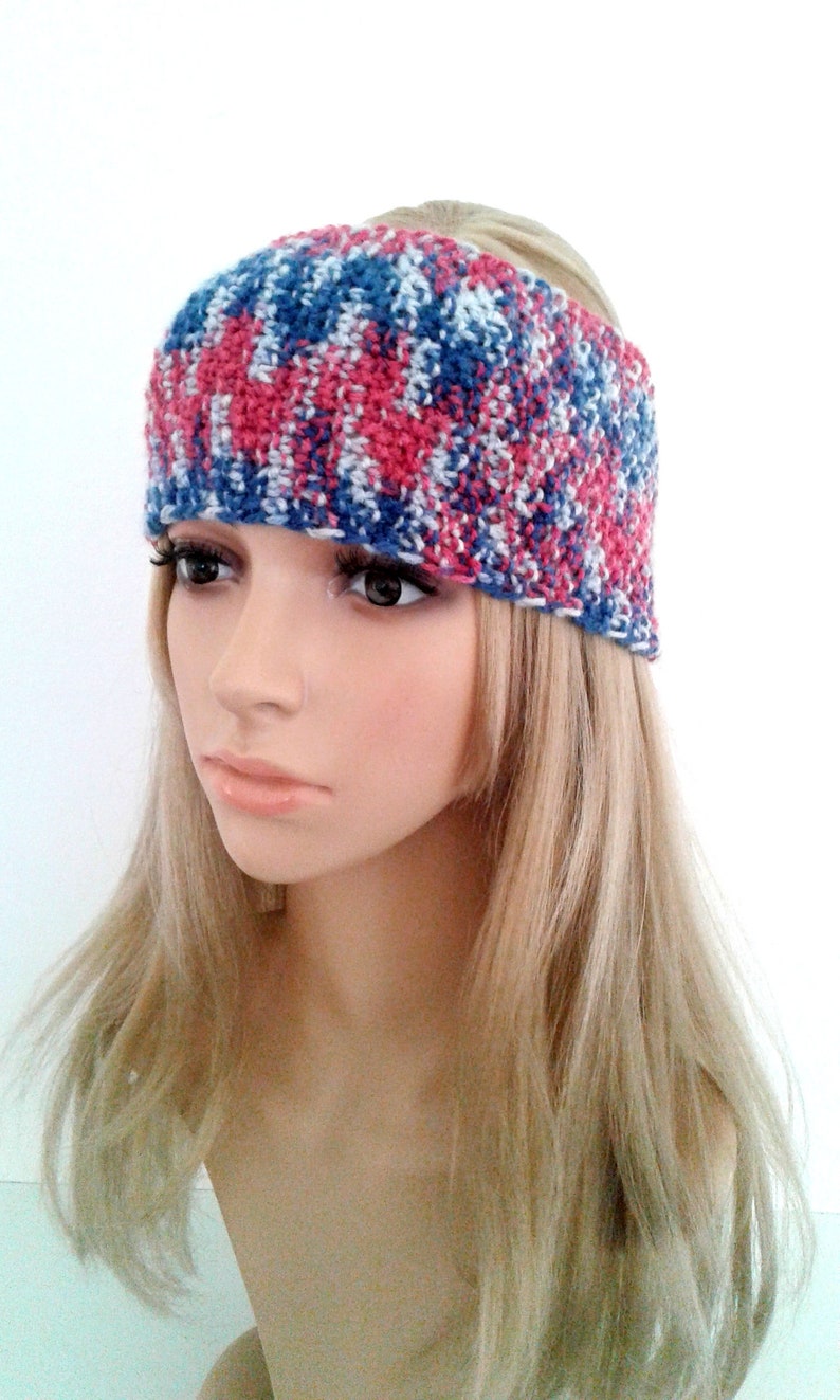 Bandeau cheveux turban tricot fait main multicolore bleu rose blanc, Serre tête, Accessoire coiffure femme, Cadeau anniversaire fête maman image 4