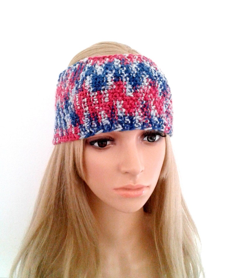 Bandeau cheveux turban tricot fait main multicolore bleu rose blanc, Serre tête, Accessoire coiffure femme, Cadeau anniversaire fête maman image 1