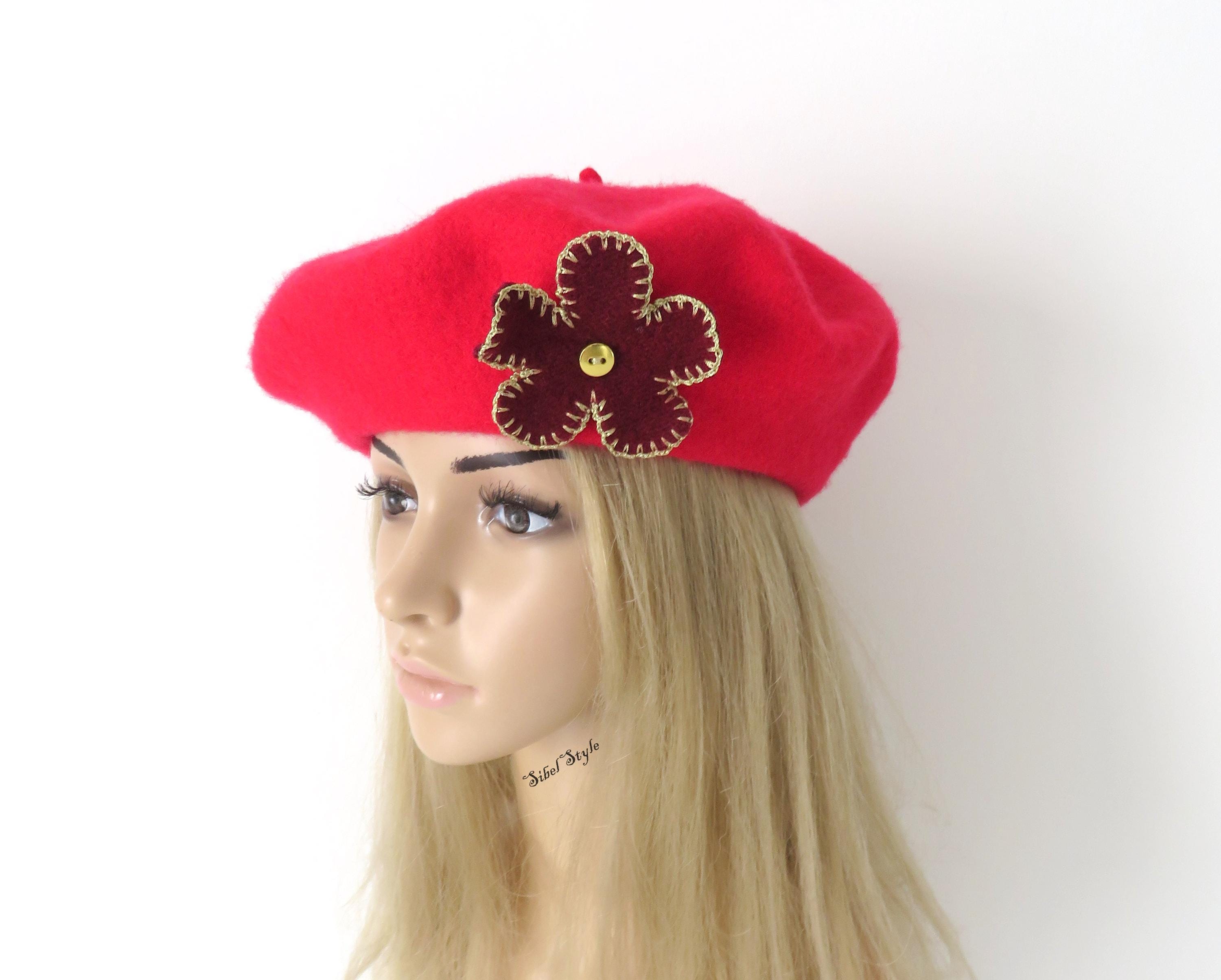 Red Wool Beret Hat With Handmade Flower, French Basque Style Headwear ...