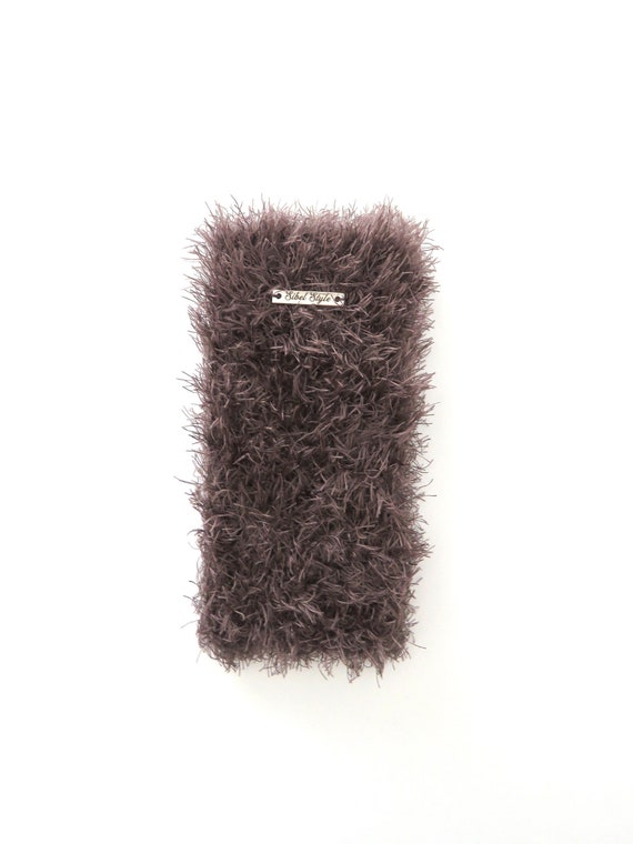 Hand-Knitted Brown Faux Fur Card Holder Wallet Handmade Pouch, Foldable Clutch Bag