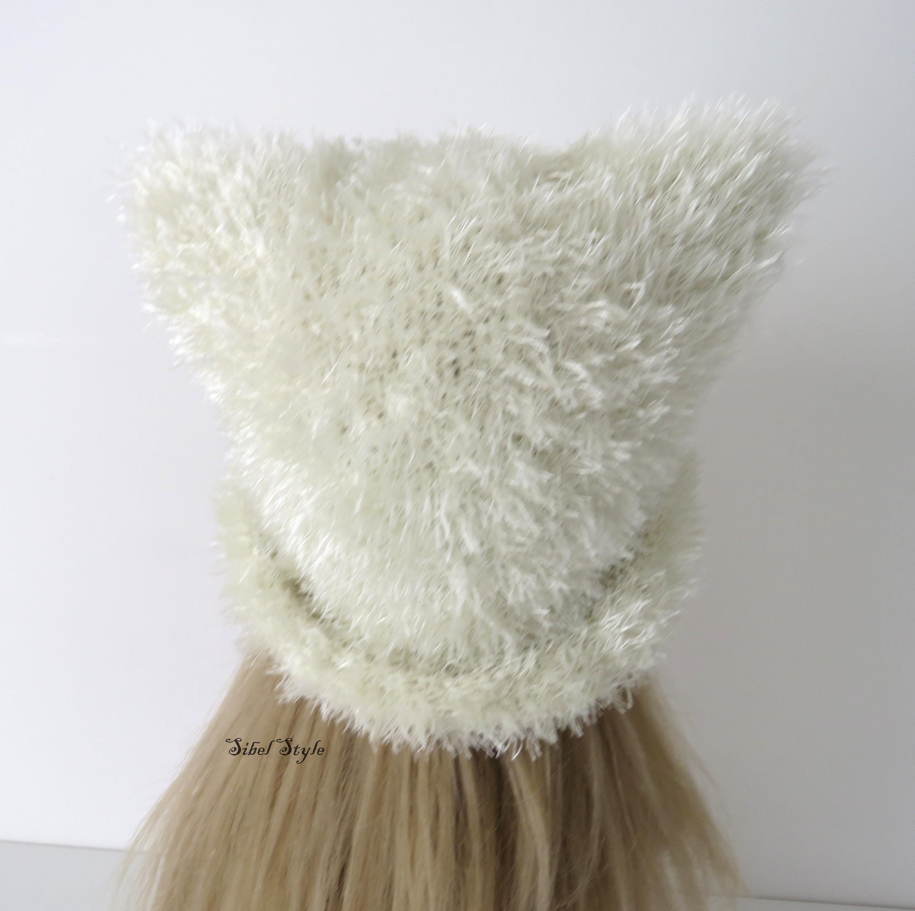 Hand Knit Adult Cream Faux Fur Cat Ear Beanie Mightlink Embroidered Face and Cat Ears Knitted Beanie, Cozy  main image 3