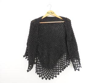 Black handmade crochet fringed triangle shawl, Women's evening stole, Ceremony cape, Shoulder cover warmer, Mothers day gift birthday