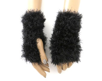 Fingerless Mittens Faux Fur Black Knit Women, Handmade Crochet Winter Gloves Fuzzy Plush Arm Wrist Hand Warmers, Christmas gidt for her