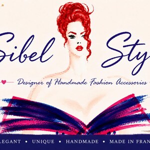 May include: A banner featuring the text Sibel Style, an illustration of a person with red hair, and the Eiffel Tower. The design includes pink watercolor accents, hearts, and text listing handmade fashion accessories made in France.