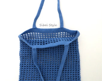 Handmade crochet blue cotton net bag. Summer beach bag. Stuffing all handles. Women's handbag. Mothers day gift idea