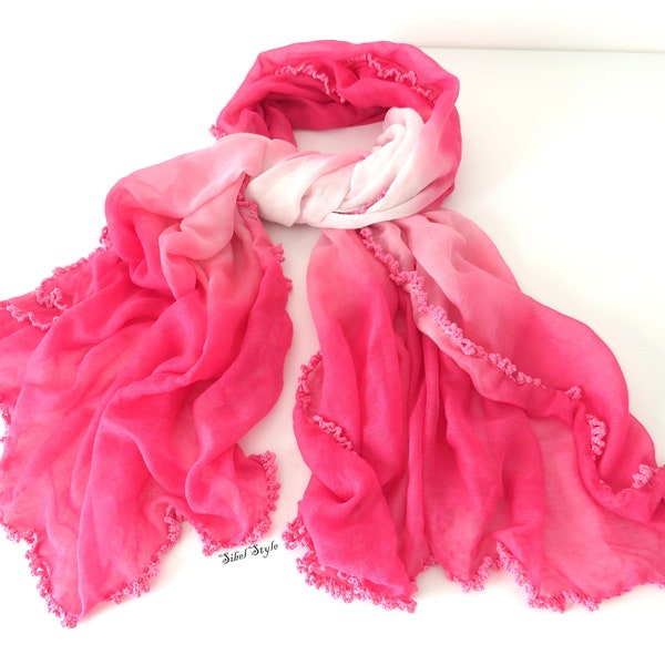 Paréo de plage femme Sarong, Écharpe tons dégradé rose blanc, étole, Chèche Foulard longue rectangulaire, Cadeau fête des mères