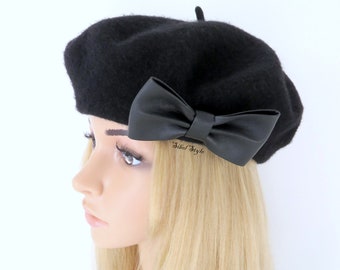 French beret Women's black wool  bow faux leather, stylish parisian winter hat, Headgear Head Cover, Birthday present girl, Mothers day gift