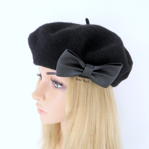 Béret feutre laine noir femme, Chapeau noeud papillon faux cuir basque hiver, Couvre chef chic, Toque Tuque Calot, Cadeau fête des mères