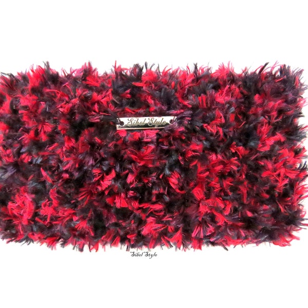 Portefeuille tricot fait main fausse fourrure bicolore rouge noir femme, Porte monnaie, Bourse Pochette rectangulaire, Cadeau fête des mères