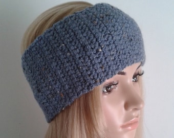 Bandeau crochet fait main en laine mélangée bleu, Chauffe tête, Cache oreilles, Headband hiver, Bandeau cheveux femme, cadeau anniversaire