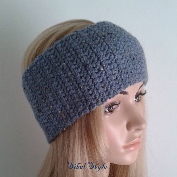 Bandeau crochet fait main en laine mélangée bleu, Chauffe tête, Cache oreilles, Headband hiver, Bandeau cheveux femme, cadeau anniversaire