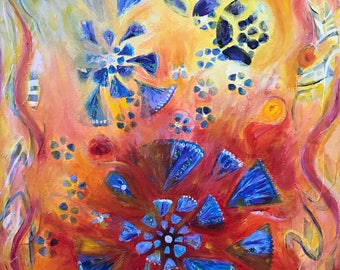 Mixed Media Acrylic Painting "Dancing Flowers" Original Work