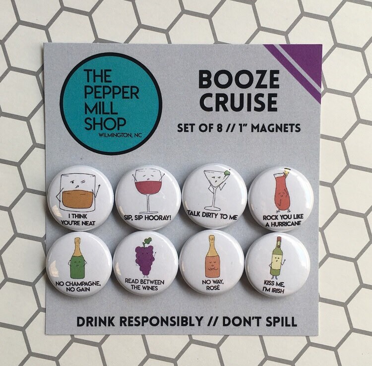 Booze Cruise + Set of Eight 1" magnets + funny food pun refriger…